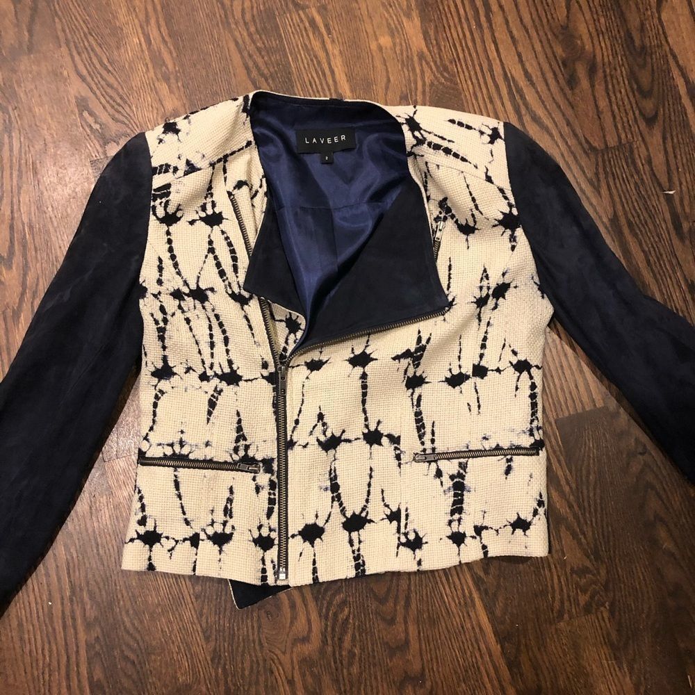 Laveer Motorcycle Jacket with Tan & Blue Print and Suede Arms